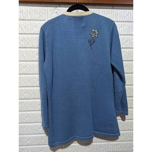 Storybook Knits Ladies Blue Cream Beaded Pearl Button Front Cardigan Sweater S - Picture 4 of 7